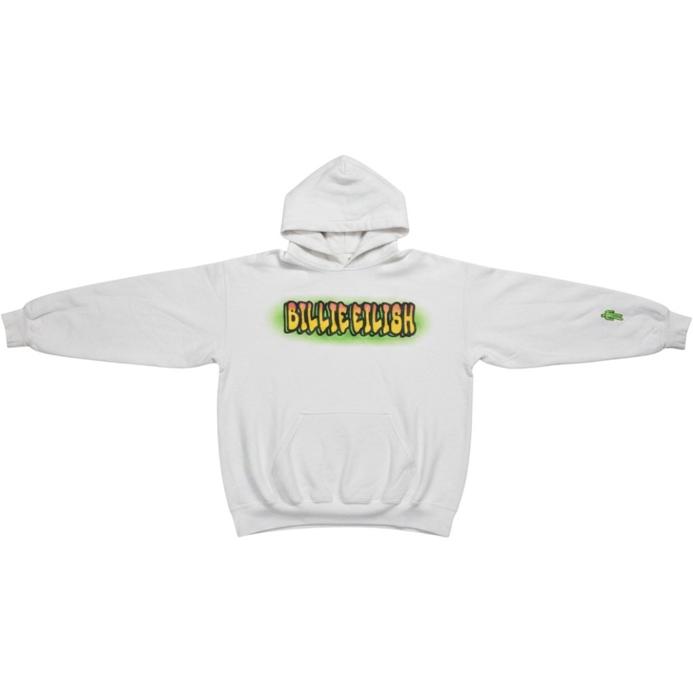 Billie Eilish Official White Airbrush Logo Blohsh Sleeve Hoodie Mens Medium